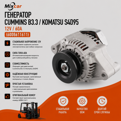 Генератор Cummins B3.3 / Komatsu S4D95 (12V / 60A) (6008611611)