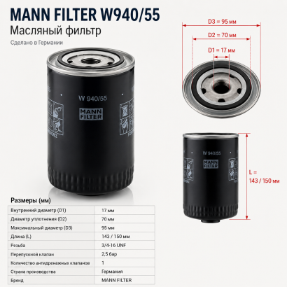 Фильтр масляный Nissan TD27 / V2403 (W940 / 55) (MANN-FILTER)