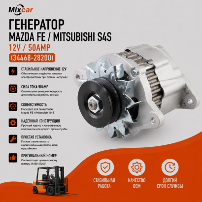 Генератор Mazda FE /Mitsubishi S4S (12V, 50Amp) (34468-28200)
